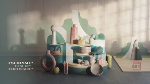 A collection of pottery set on a display case