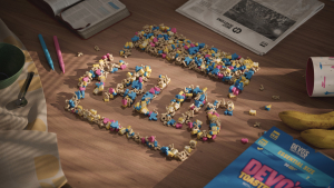 Kalos logo using Lucky Charms cereal pieces